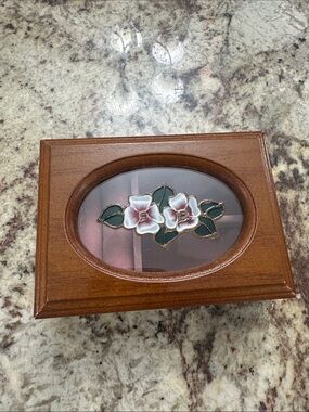 Wooden Floral Glass Trinket Box - Brown
